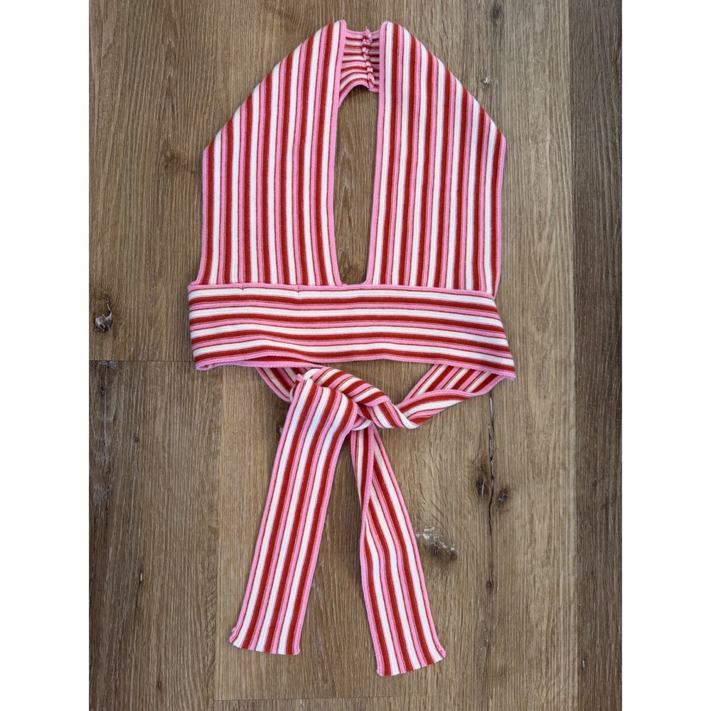 O.VIANCA Halter Crop Top Womens Small Pink Red Striped Ribbed Knit Tie Coquette